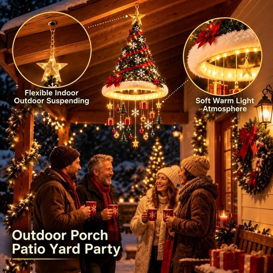 Mensen op een verlichte veranda met een hangende kerstboommuts. Tekst: Outdoor Porch Party, Soft Warm Light.