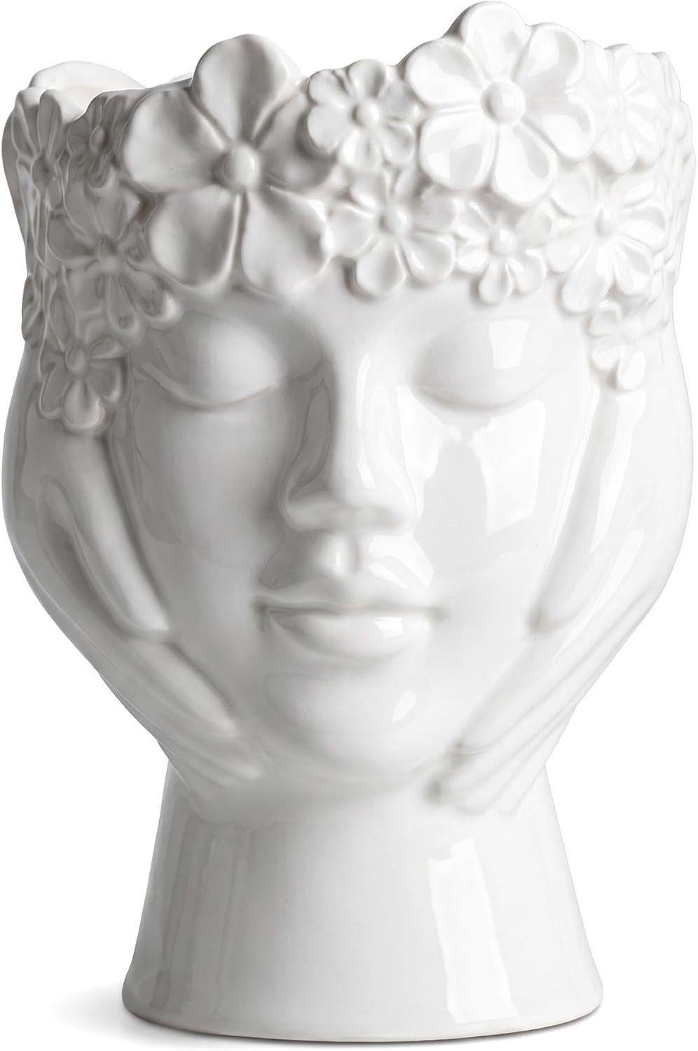 16 cm witte glanzende keramische gezichtsvaas, godin hoofd sculptuur vaas met 3D-bloemenkrans, minimalistische boho-decoratieve vaas voor verse en gedroogde bloemen, woonkamer, slaapkamer