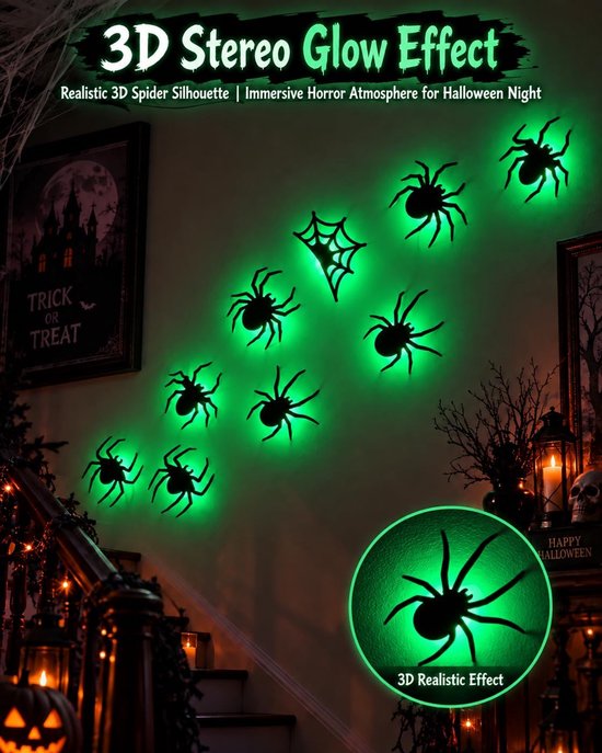 9 stuks groene ledlampen, 3D-spinnendecoratie, led-Halloween-decoratie, spinnenstickers met 9 verschillende maten, helloween decoraties, spinnen, ledverlichting, paars, voor ramen, deur, muur — afbeelding 4