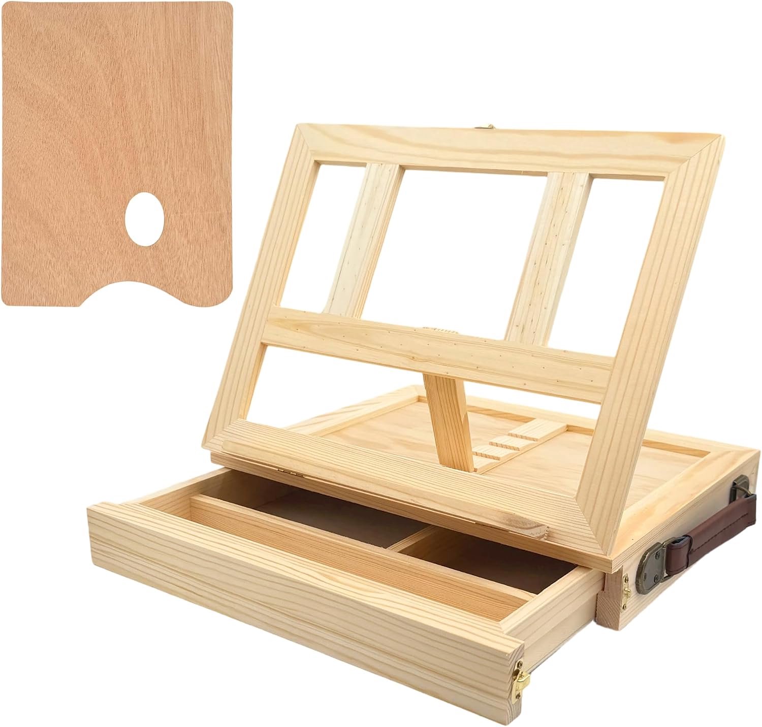 Houten tafelezel met schilderkoffer, verstelbare ezel doos met opberglade en houten palet, draagbare kunstezel voor schilderen, tekenen, kunstenaars