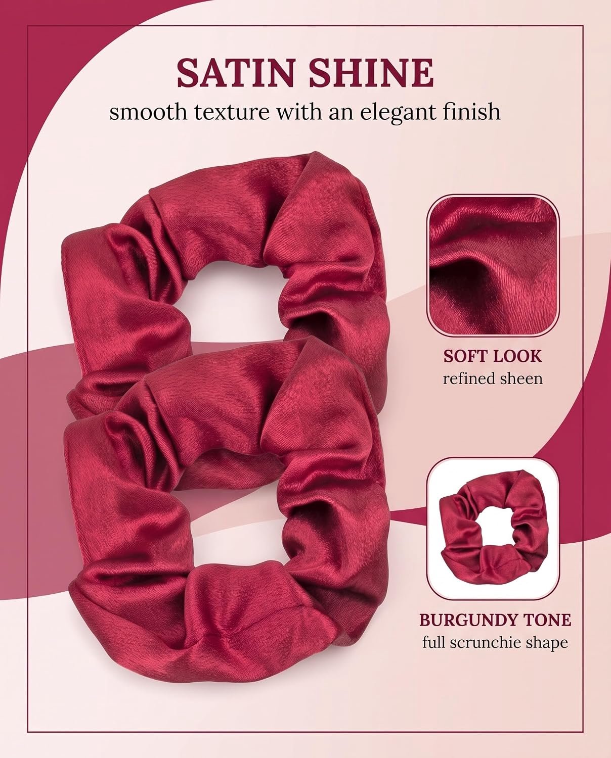 Scrunchies Haarelastiek voor dames, verpakking van 2 stuks, wijnrood satijn, extra brede haarband, drukvrij en antislip, beschermt fijn en dik haar, ideaal voor dagelijks gebruik en gezonde