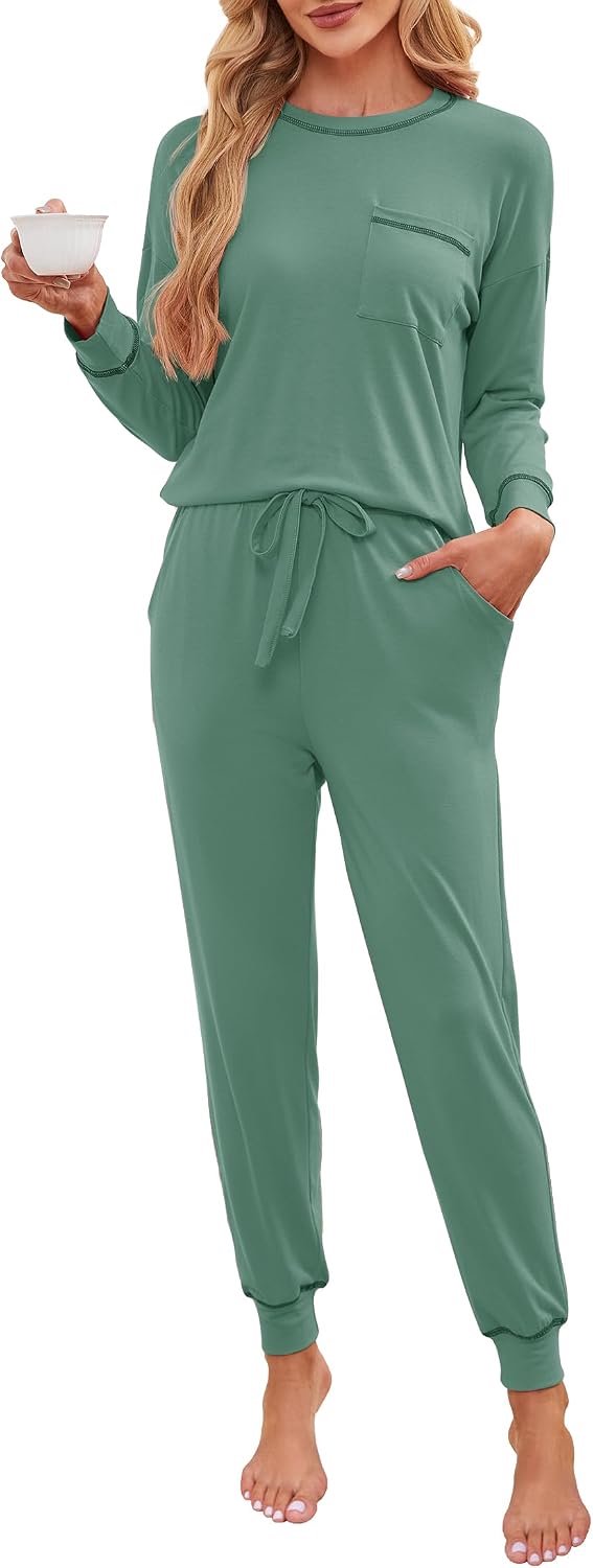 Pyjama dames lange katoenen pyjama set nachtkleding lange mouwen T-shirt en pyjamabroek met zakken