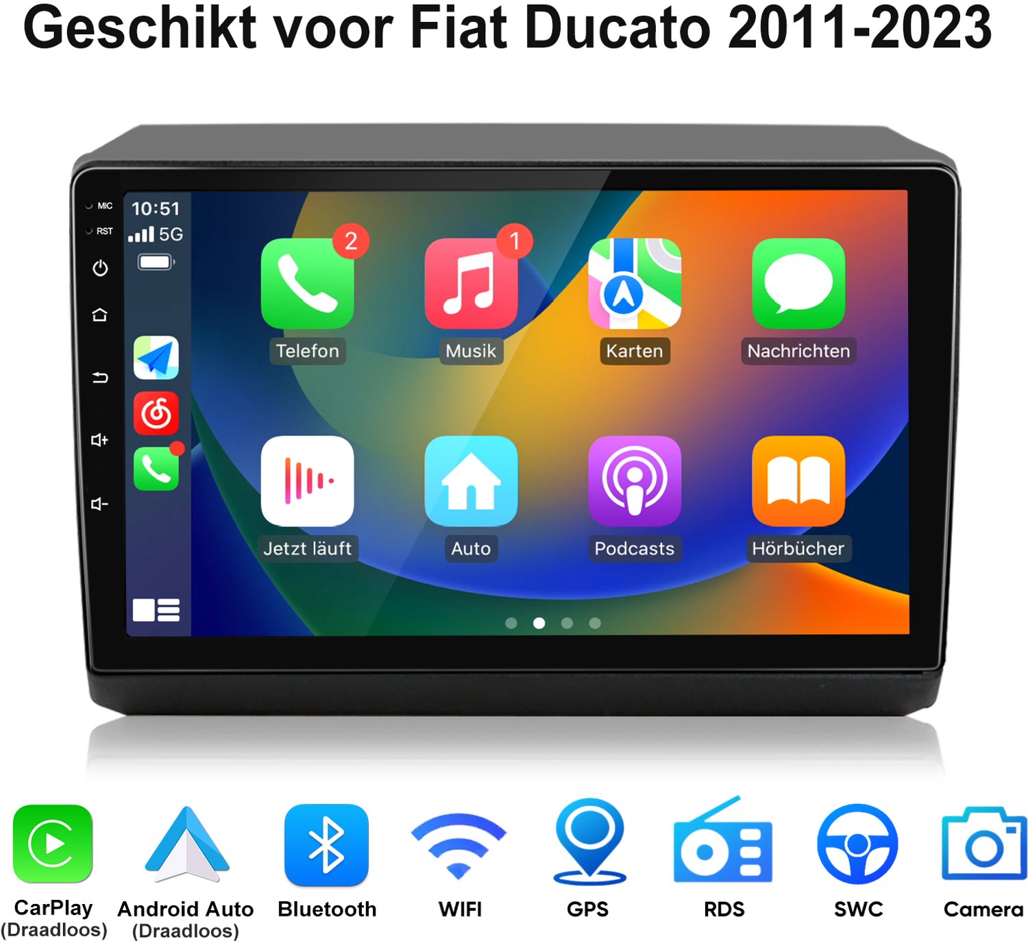 Junsun Android 15 Autoradio Geschikt voor Fiat Ducato 2011-2023 - Draadloze CarPlay & Android Auto - GPS-Navigatie - Bluetooth - 9-inch Touchscreen - Stuurwielbediening - WiFi - RDS - USB