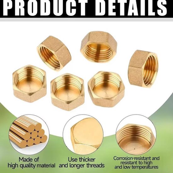 2 stuks blinde stoppen, afsluitdop 3/8 inch met rubberen afdichtingen, messing kap zeskant, slangdoppen, schroefdop voor tuin, waterleiding — afbeelding 2