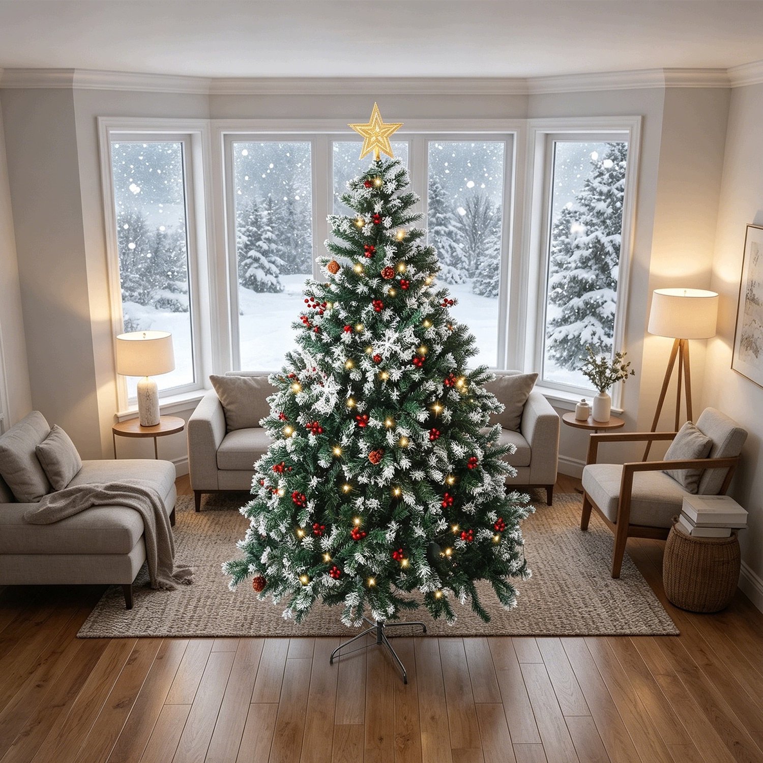 ANNA 210cm Kunstkerstboom met LED – Realistische Sneeuwlook, Met Ster Top & Dennenappels – Metalen Standaard - Groen – foto 4