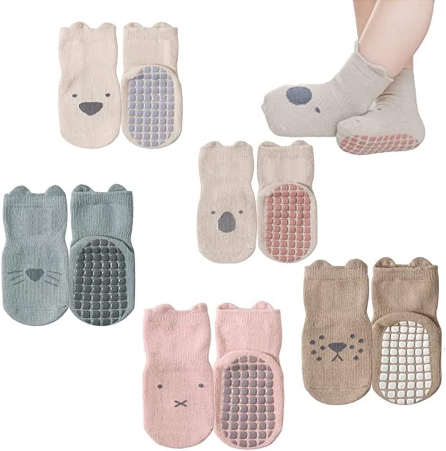 5 paar antislip kindersokken van katoen met dierenmotief voor baby's, baby- en meisjes, geschikt voor peuters van 1-3 jaar, voetlengte: 12-14 cm, multicolor