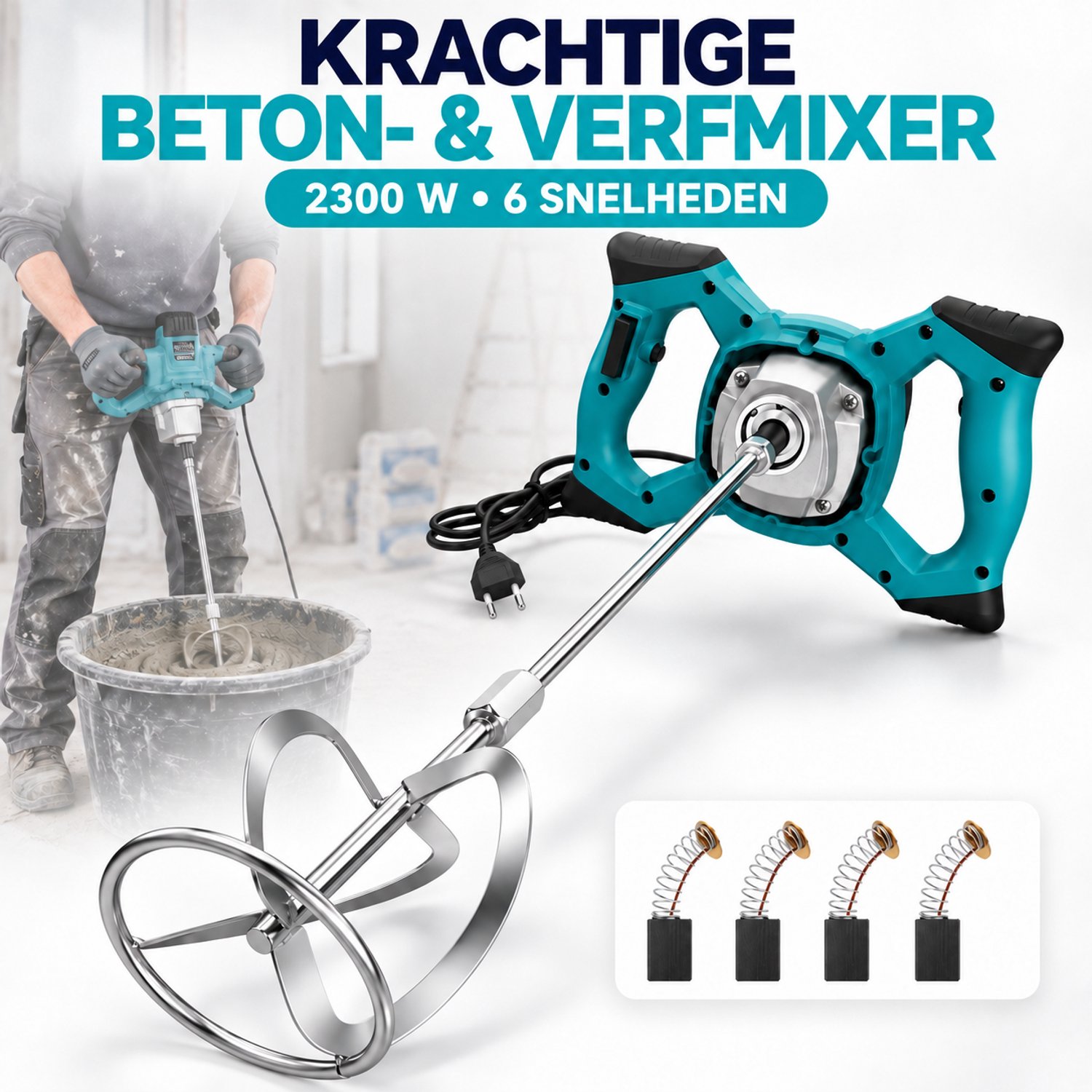 Betonmixer 2300W – Elektrische Mortelmixer en Verfmixer – 6 Instelbare Snelheden, Dubbele Handgreep en Mengstaaf – Voor Cement, Beton, Gips, Lijm en Verf