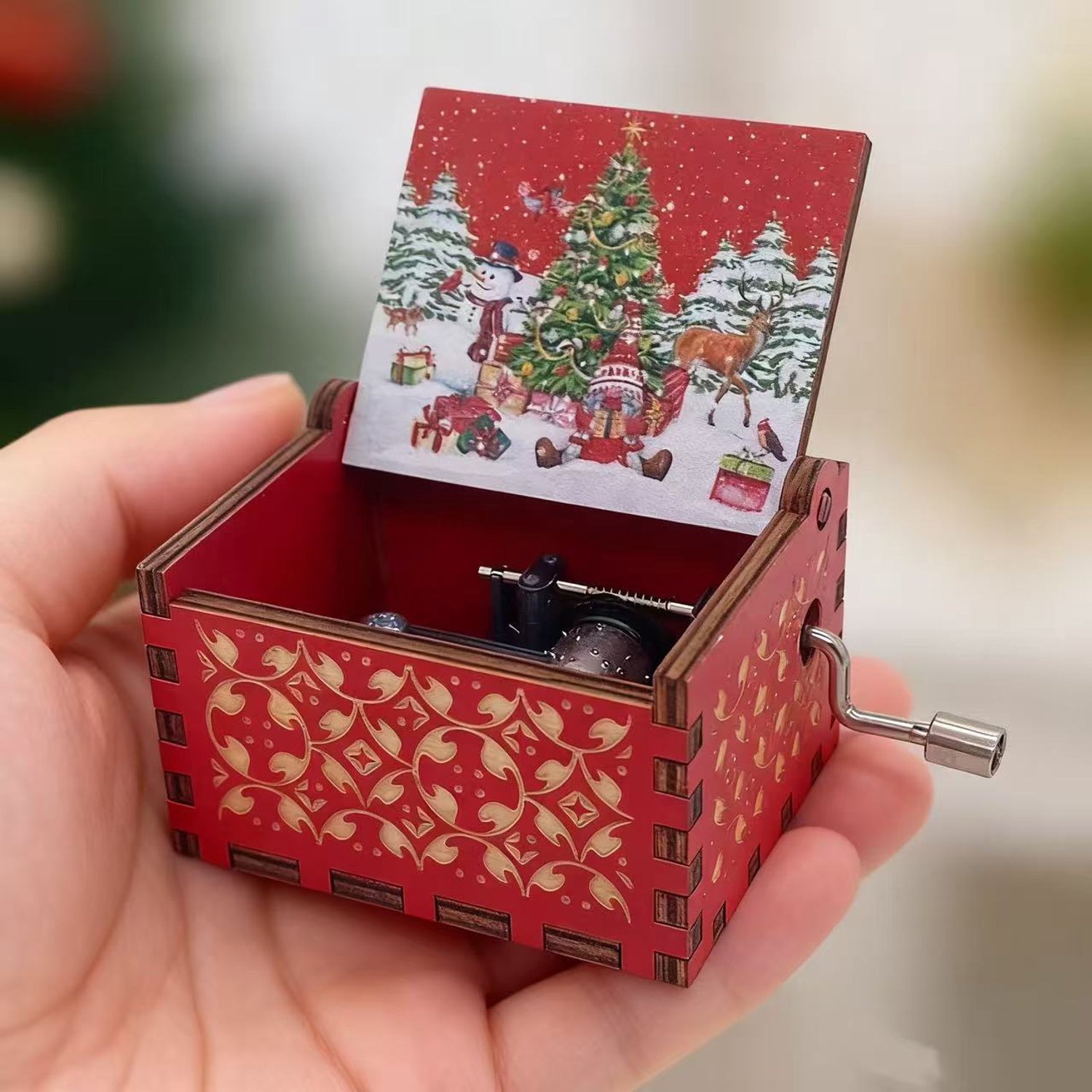 Houten Draaiorgel met Handaandrijving – Beschilderde Kerstmuziekdoos – Compact Ornament voor in Huis