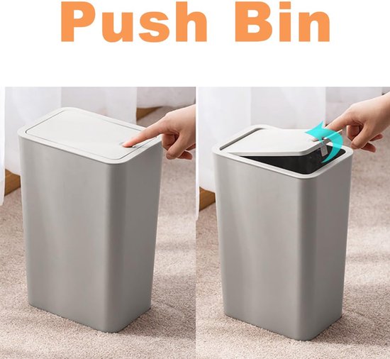 2 Stuks 9 L Badkamer Vuilnisemmers, Hondenveilige Badkamer Vuilnisemmer, Smalle Slaapkamer Vuilnisemmer met Deksel, Touch-top Toiletvuilnisemmer voor Kantoor,Woonkamer,Keuken,Toilet (Grijs) — afbeelding 3