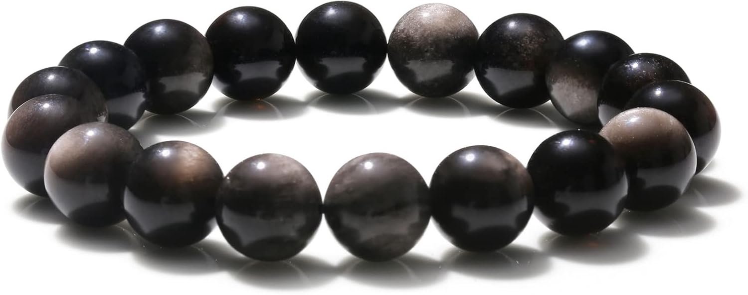 Natuurlijke zilveren obsidiaan armband, 10 mm handgemaakte ronde kralen armbanden, Kristallen sieraden armband, vintage kristallen armbanden voor dames heren