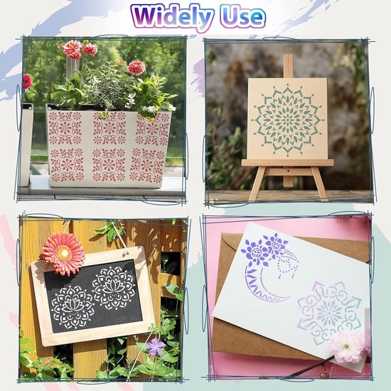 20 stuks 10 x 10 cm mandala-sjablonen voor schilderen op hout, vloer, muur, tegelstof, herbruikbare meubelsjablonen, schildersjabloon, mandala-sjabloon voor doe-het-zelf rotskunstprojecten, decoratie — afbeelding 5