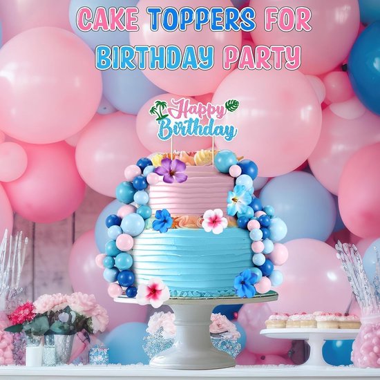 37 stuks roze blauwe taarttoppers, taartdecoratie, bloemen, taartdecoratie, Hawaiaanse taartdecoratie voor verjaardag, bruiloft, zomer, babyshower — afbeelding 5