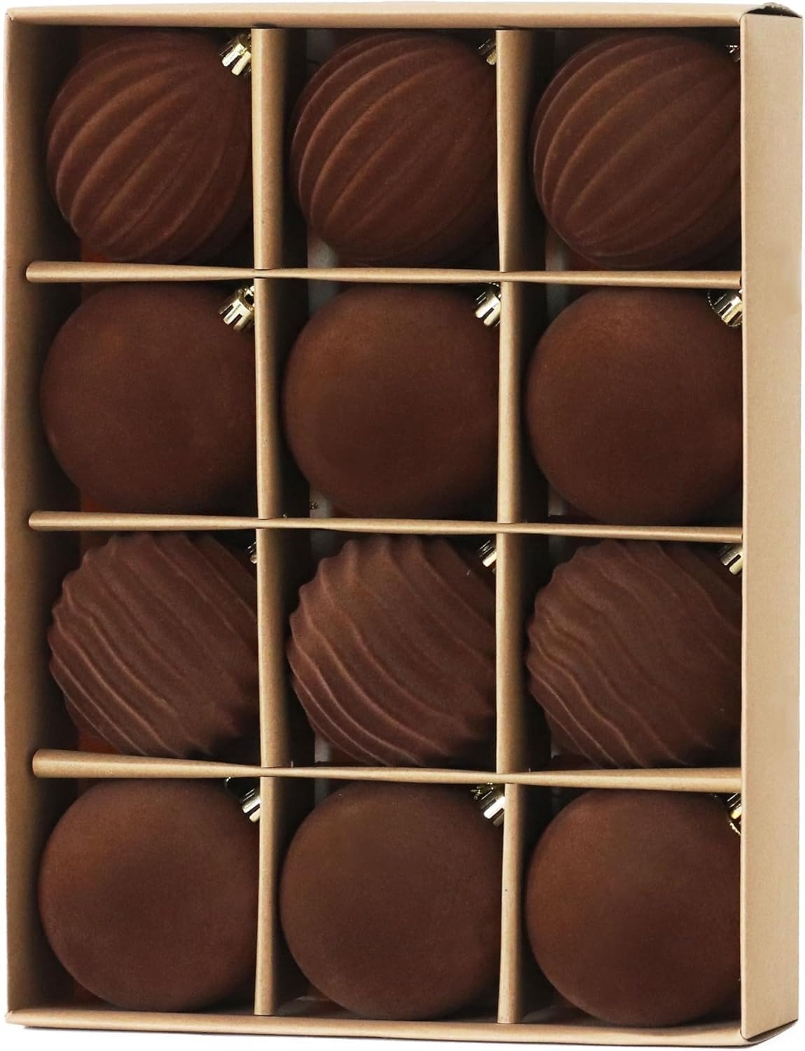12 Stuks Fluwelen Kerstballen 8 cm Bruin, Schokbestendige Ornamenten voor Kerstboom en Feestdecoratie in 3 Stijlen