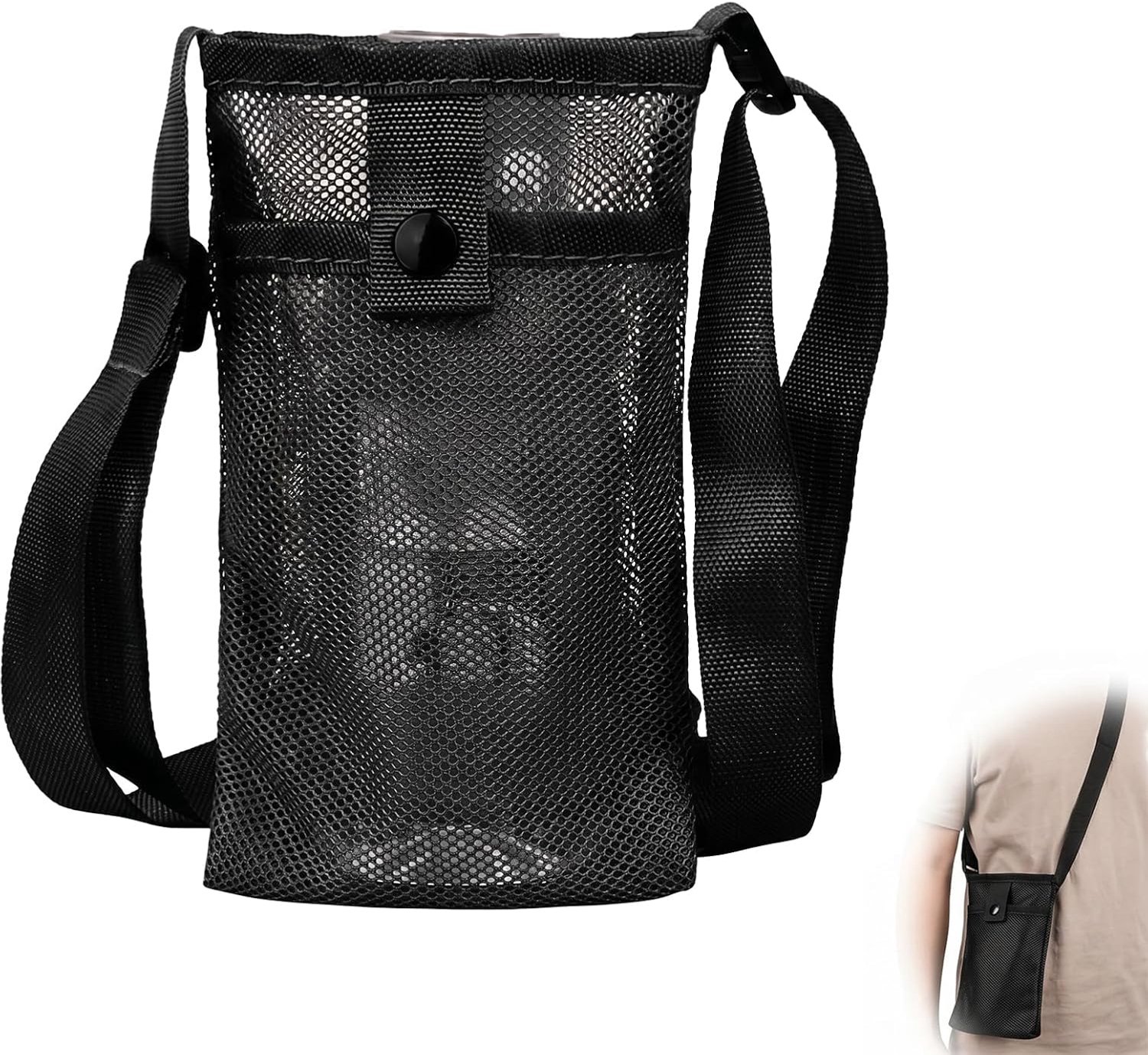 Waterflessenhouder met verstelbare schouderriem, waterfles voor wandelen, reizen en sport, netvak voor flessen van 8,5 x 18,5 cm, zwart