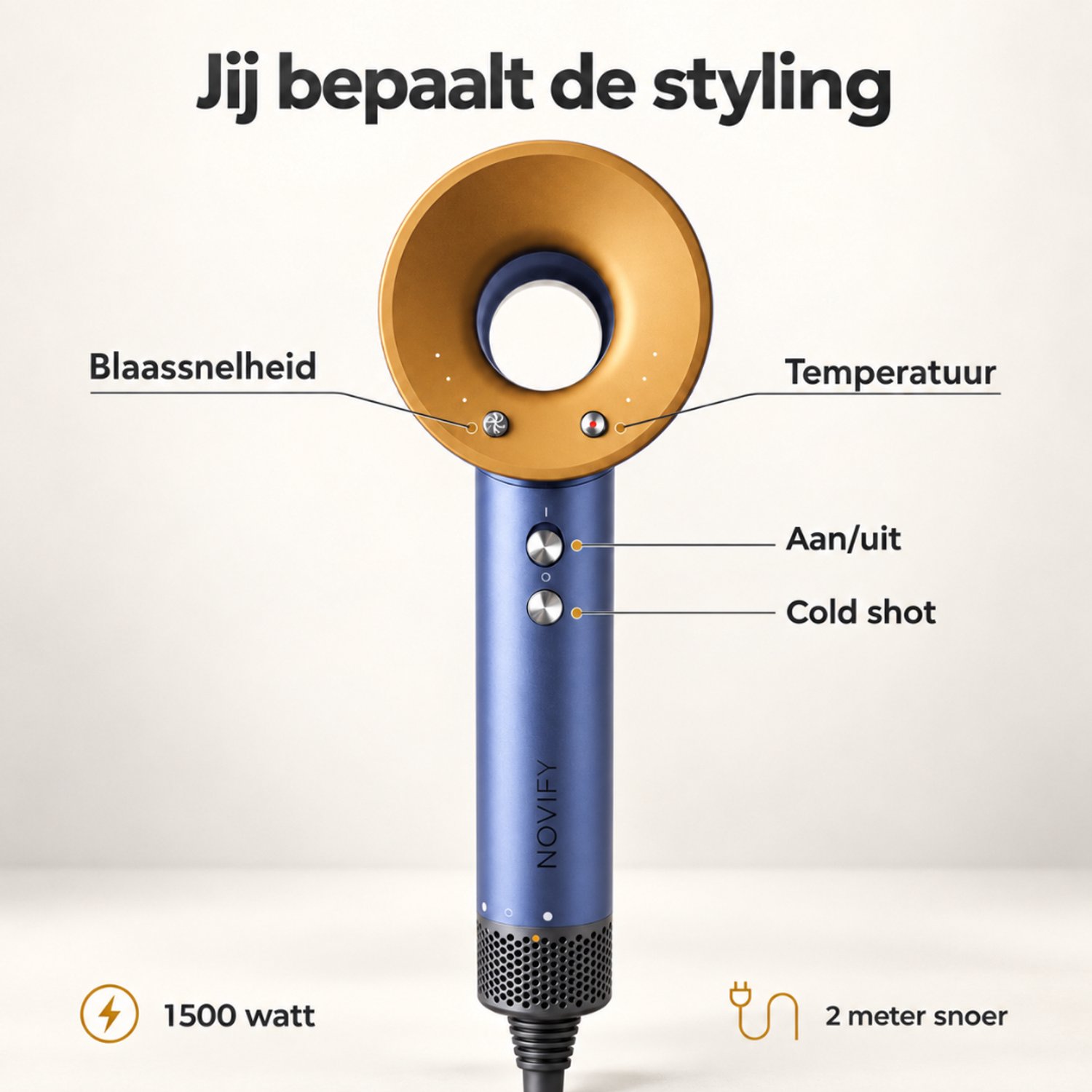 NOVIFY® Fohn - Fohnborstel - Haardroger met 5 opzetstukken - Fohn met Diffuser - 1500W - Midnight Gold - 2025 thumbnail 2