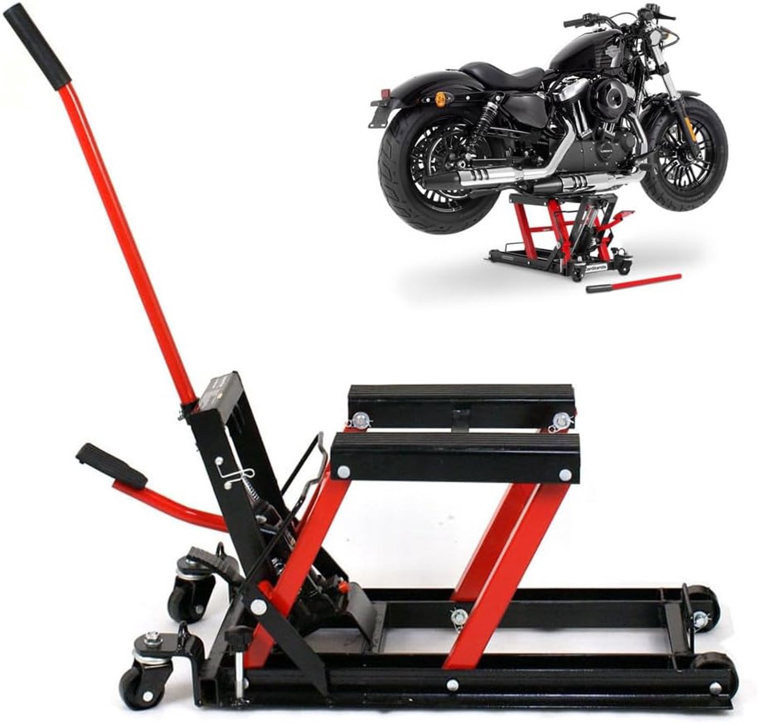 Motorfietslift, motorhefbrug, 680 kg, motor, hydraulische klift, met 2 universele wielen, in hoogte verstelbaar, montagebok, motorlift, hefbrug, geschikt voor motorreparaties, rood
