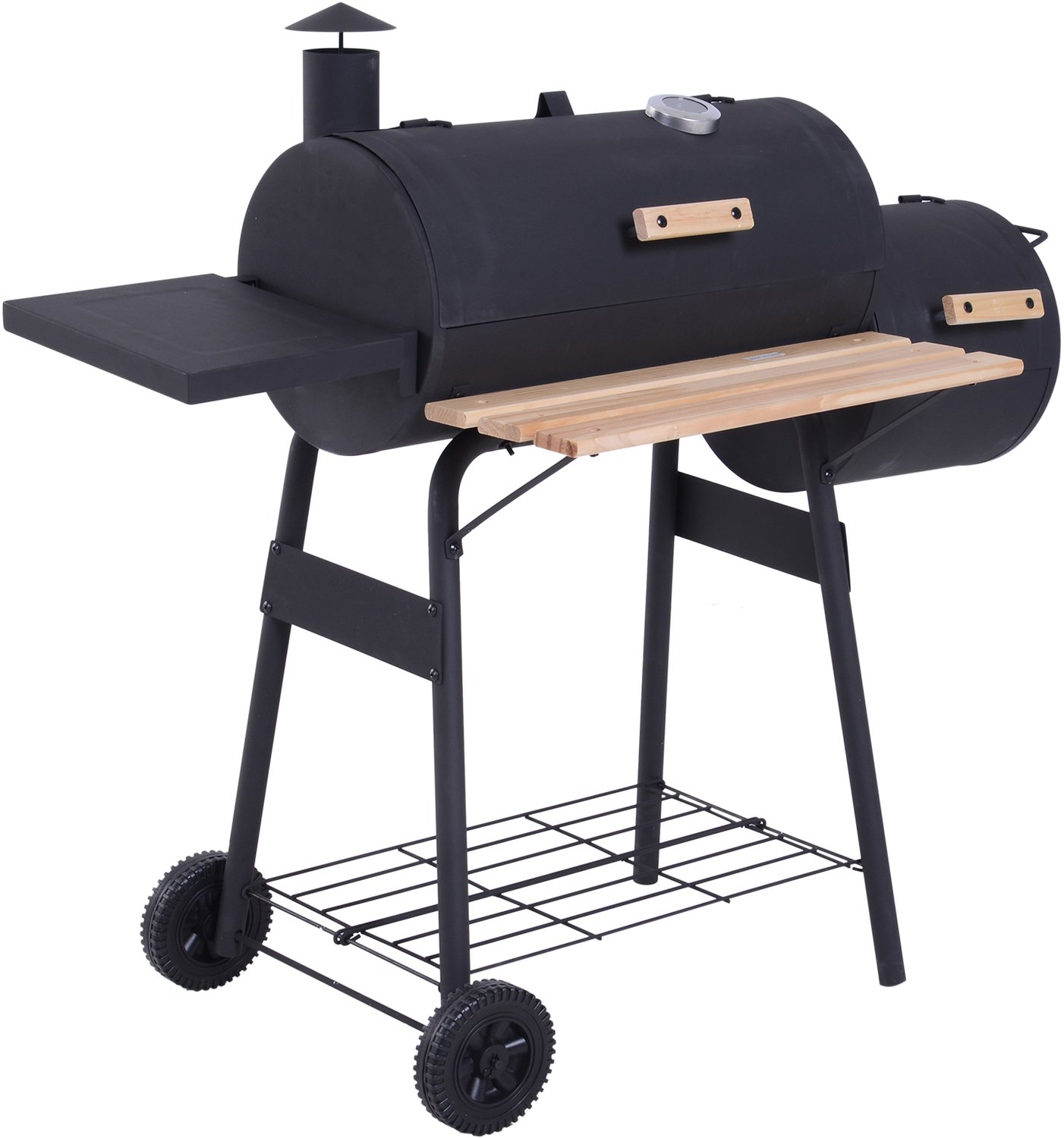 3-in-1 houtskoolbarbecue met rookoven, grill en barbecue (124 x 53 x 104 cm), thermometer, wielen en houten planken, ideaal voor picknicks en kamperen.