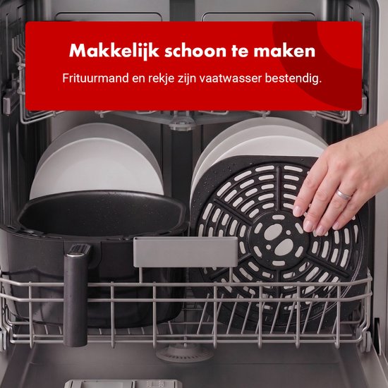 Tomado airfryer onderdelen in een vaatwasser. Vaatwasserbestendige mand en rooster.