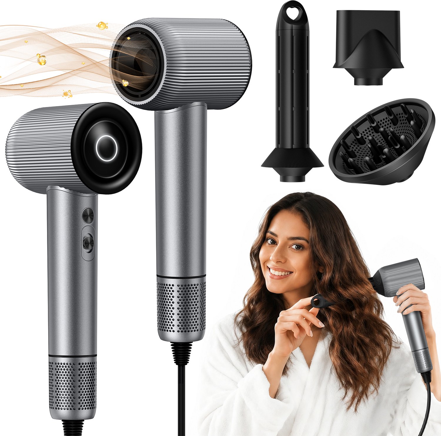 Sytifro Ionische Föhn met Diffuser, 32 mm Krulopzetstuk & Stylingmondstuk – Haardroger 1600W voor Drogen, Krullen & Stylen– Cadeau voor Kerst & Verjaardag – Grijs