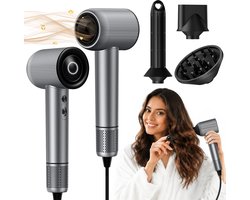 Sytifro Ionische Föhn met Diffuser, 32 mm Krulopzetstuk & Stylingmondstuk – Haardroger 1600W voor Drogen, Krullen & Stylen– Cadeau voor Kerst & Verjaardag – Grijs