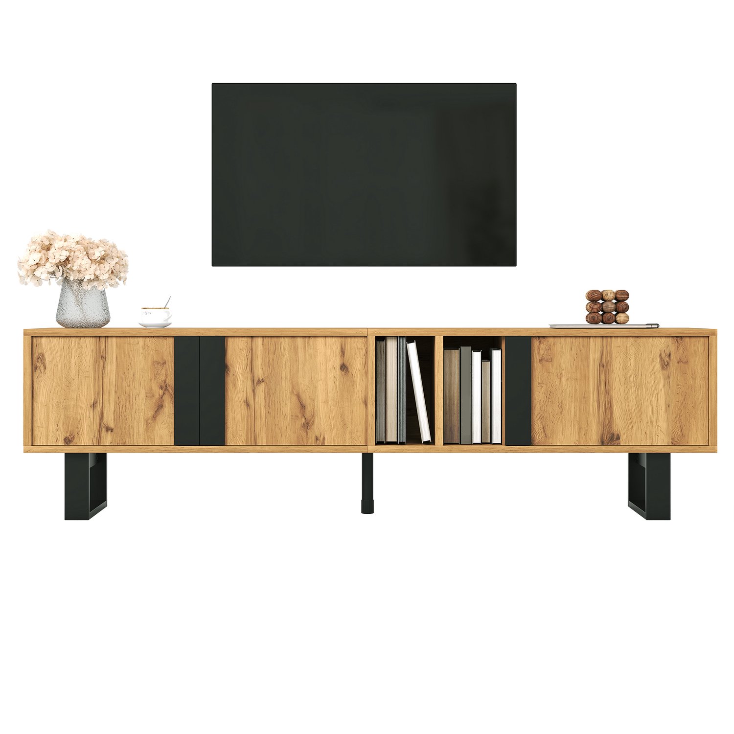 Clruro TV-Meubel - 160×40×50 cm - 3 Deuren - Softclose en Open Vakken - MDF/Spaanplaat - Naturel