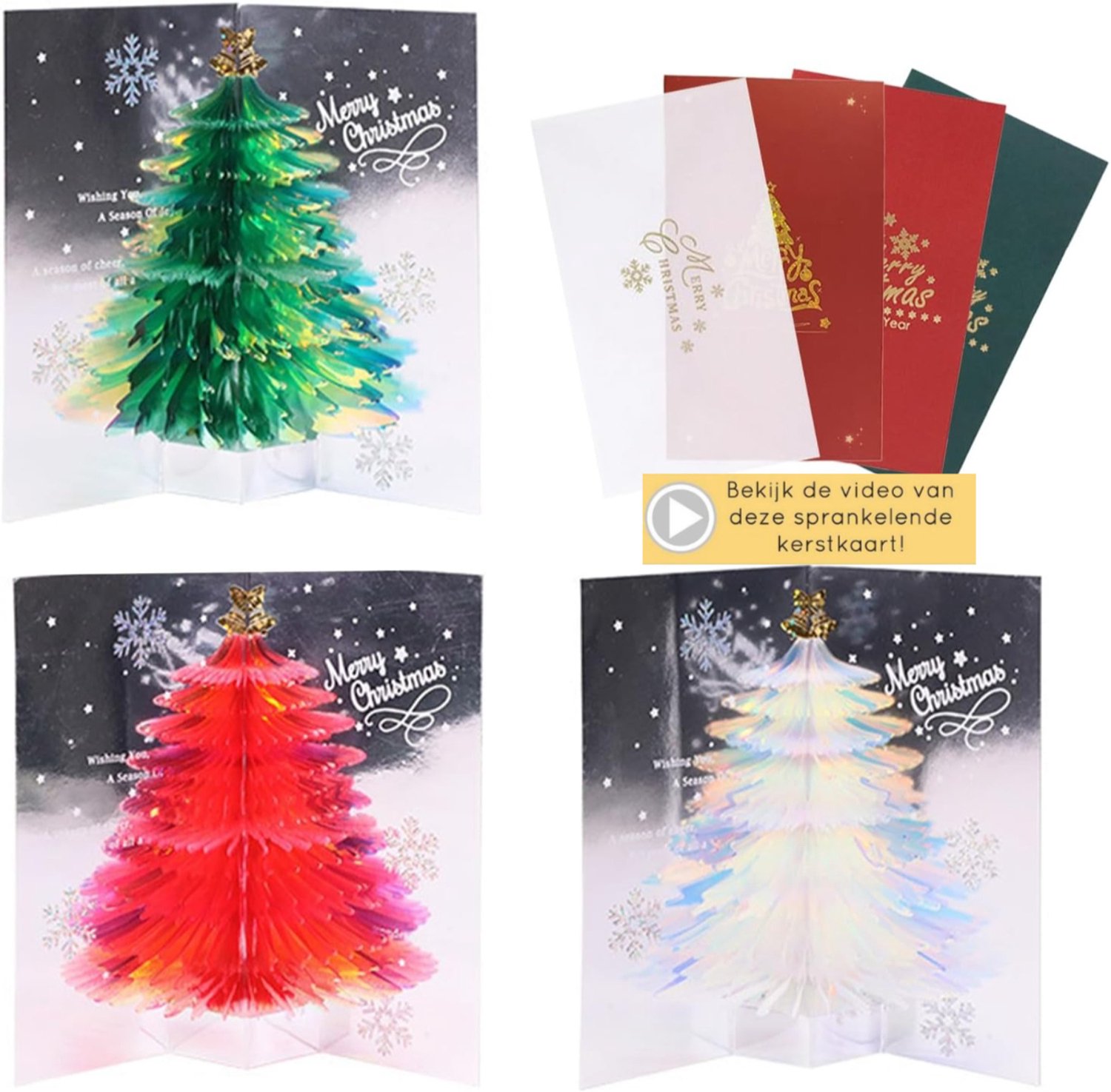 Set van 3 pop-up kerstkaarten: sprankelende ontwerpen met kerstboom in groen, rood en wit en de tekst 'Merry Christmas' – voorzien van foliedruk en lasereffecten – inclusief enveloppen – 19,5 x 11 cm