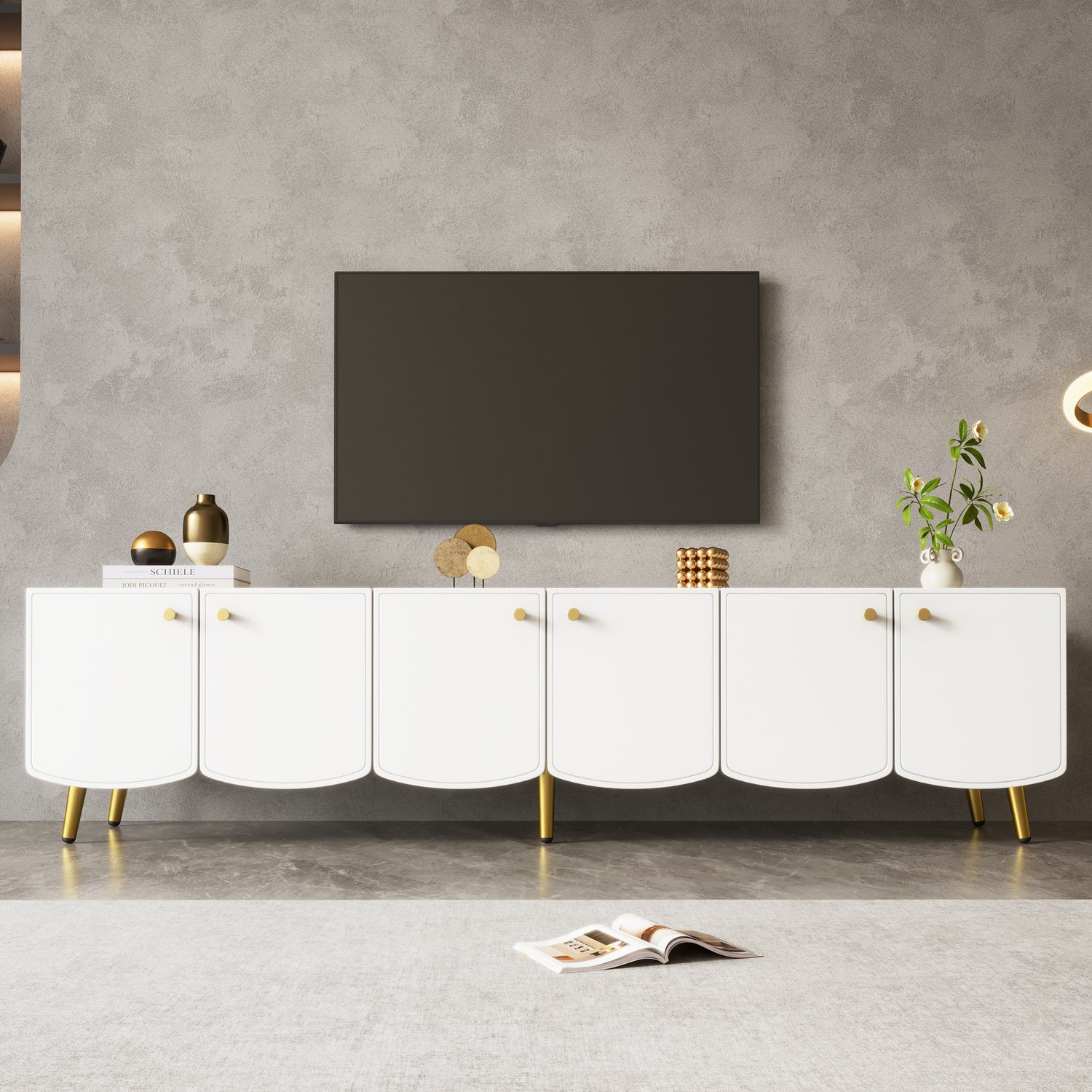 Clruro TV-Meubel - 180×40×45 cm - 6 Deuren - Metalen Poten en Grepen - Spaanplaat - Wit/Goud Wit+Goud