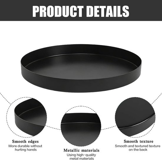 2 stuks decoratieve dienblad, rond, met 2 maten, 25 cm en 20 cm, rond, zwart dienblad, decoratie, antislip decoratieve borden, tablet van roestvrij staal voor cosmetica, dessert, kaarsen, sieraden — afbeelding 5