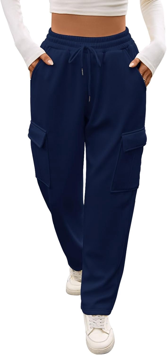 Fleece gevoerde broek dames winter dames joggingbroek met cargozakken elastische hoge taille rechte pijpen