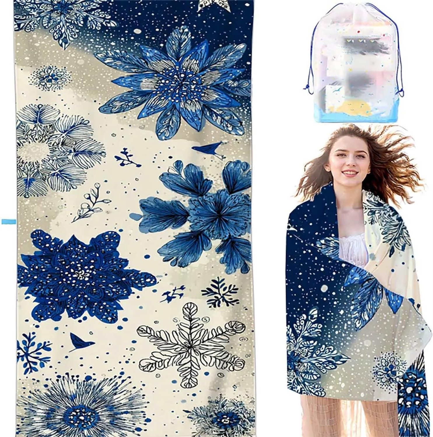 SYX5 6-3 Grote strandhanddoek, 90 x 180 cm, blauw, microvezel, absorberend, zandafstotend, sneldrogend, voor heren en dames, cadeau voor zwembad, strand, picknick, reizen