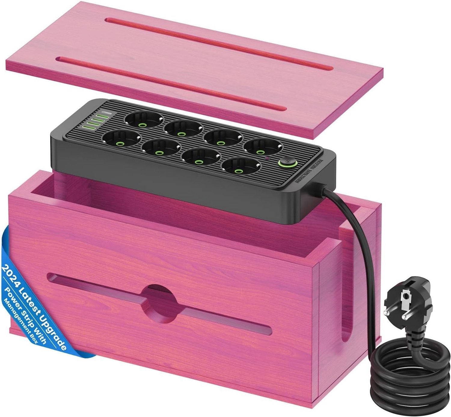 Houten Kabeldoos met Stroomstrip en Oplaadstation, 8 Stopcontacten, 4 USB-poorten en Type-C Snellader, 200cm Verlengsnoer voor Thuis en Kantoor
