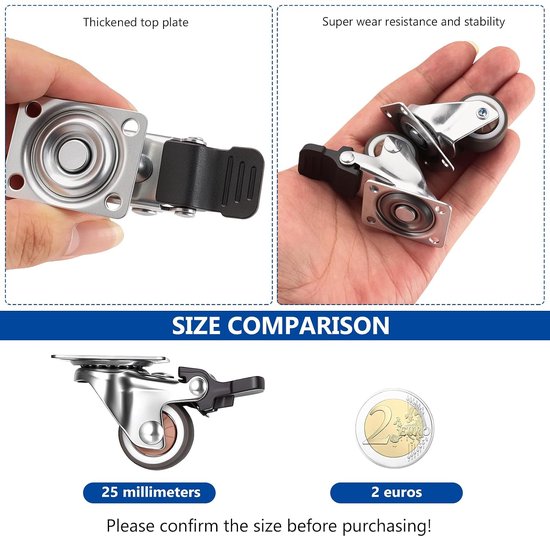 12 stuks meubelwielen, 32 mm, zwenkwielen met rem, kleine 360° draaibaar, rubberen wielen voor meubels, zware wielen met 48 schroeven en schroevendraaiers, 6 met rem, 6 zonder rem — afbeelding 4