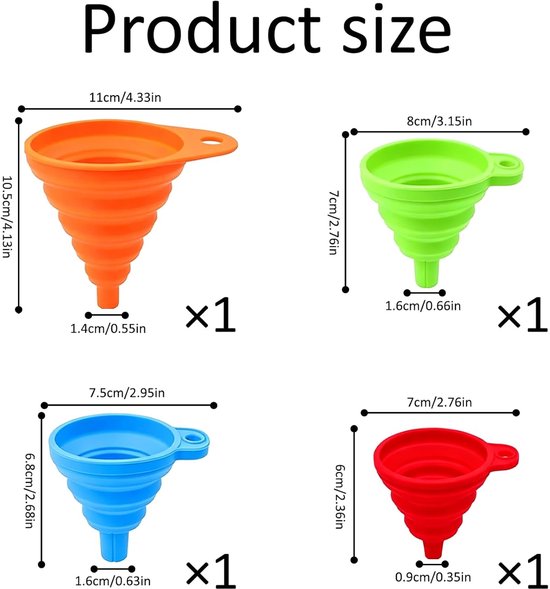 4 stuks opvouwbare siliconen trechter, 4 maten siliconen trechter keuken, inklapbare trechter, voor bier, olie, vloeistoffen, vloeistoffen, 4 kleuren kleiner, S/M/L/XL — afbeelding 3