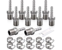 Bwintech 10pcs Stainless Steel Hose Barb Fittings, 1/4-inch BSP Male x 6MM Barb Connector with 10pcs Clamps, Hose Barb - ShopVlot