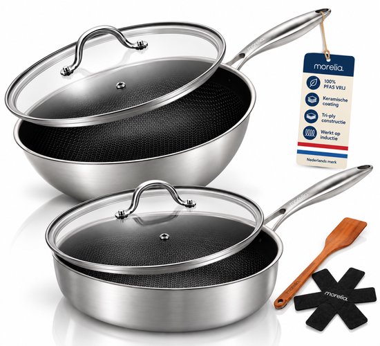 Morelia® Wokpan & Hapjespan Inductie met Deksel (28cm Zwart) - Incl Spatels en Pannenbeschermers - Keramische Anti aanbaklaag - Oven en Vaatwasserbestendig