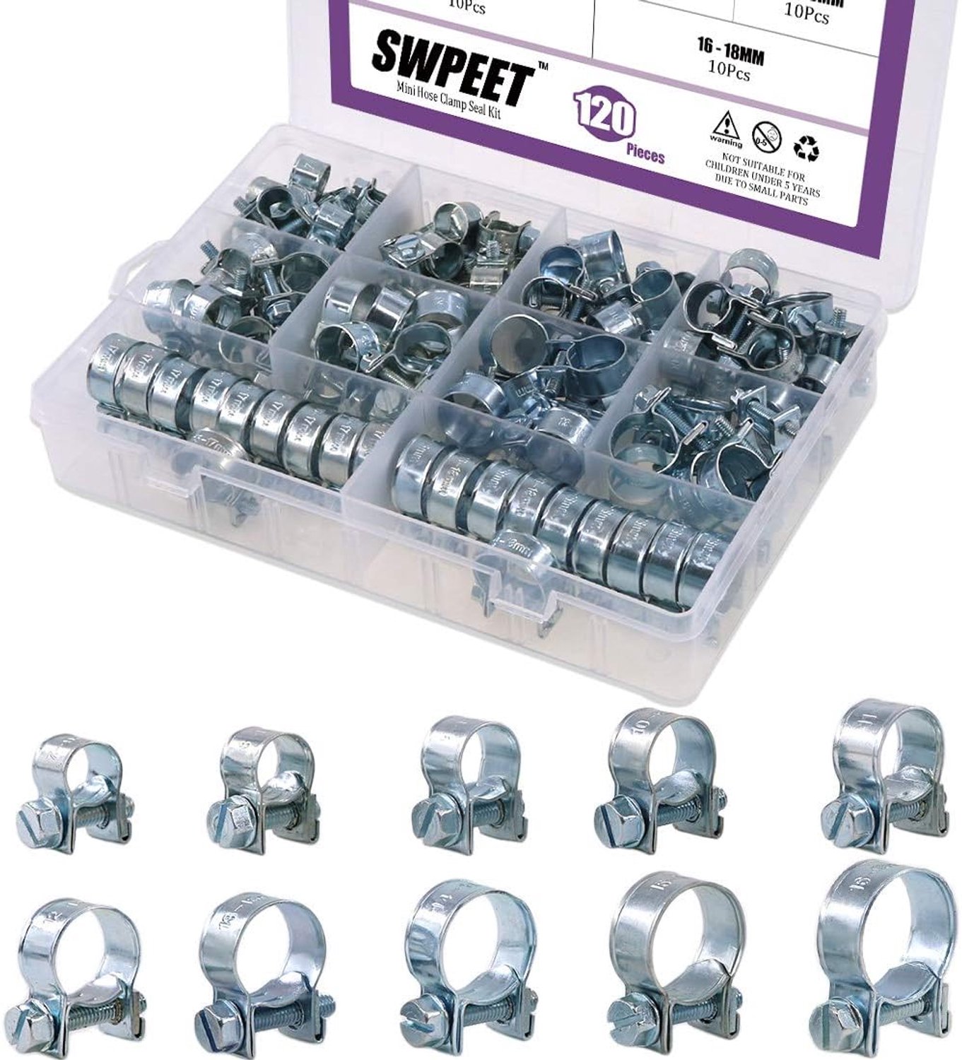 Hose clamp set 120 stuks - gegalvaniseerd staal - 10 maten - perfect voor auto's en landbouw - ShopVlot