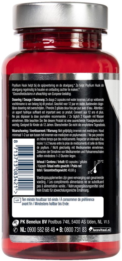 Lucovitaal Psyllium Husk Vezels, rode capsule pot met witte etiketten.