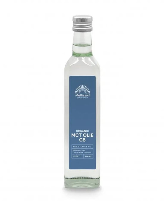 Mattisson biologische MCT Olie C8, 500 ml fles met blauw label met tekst.