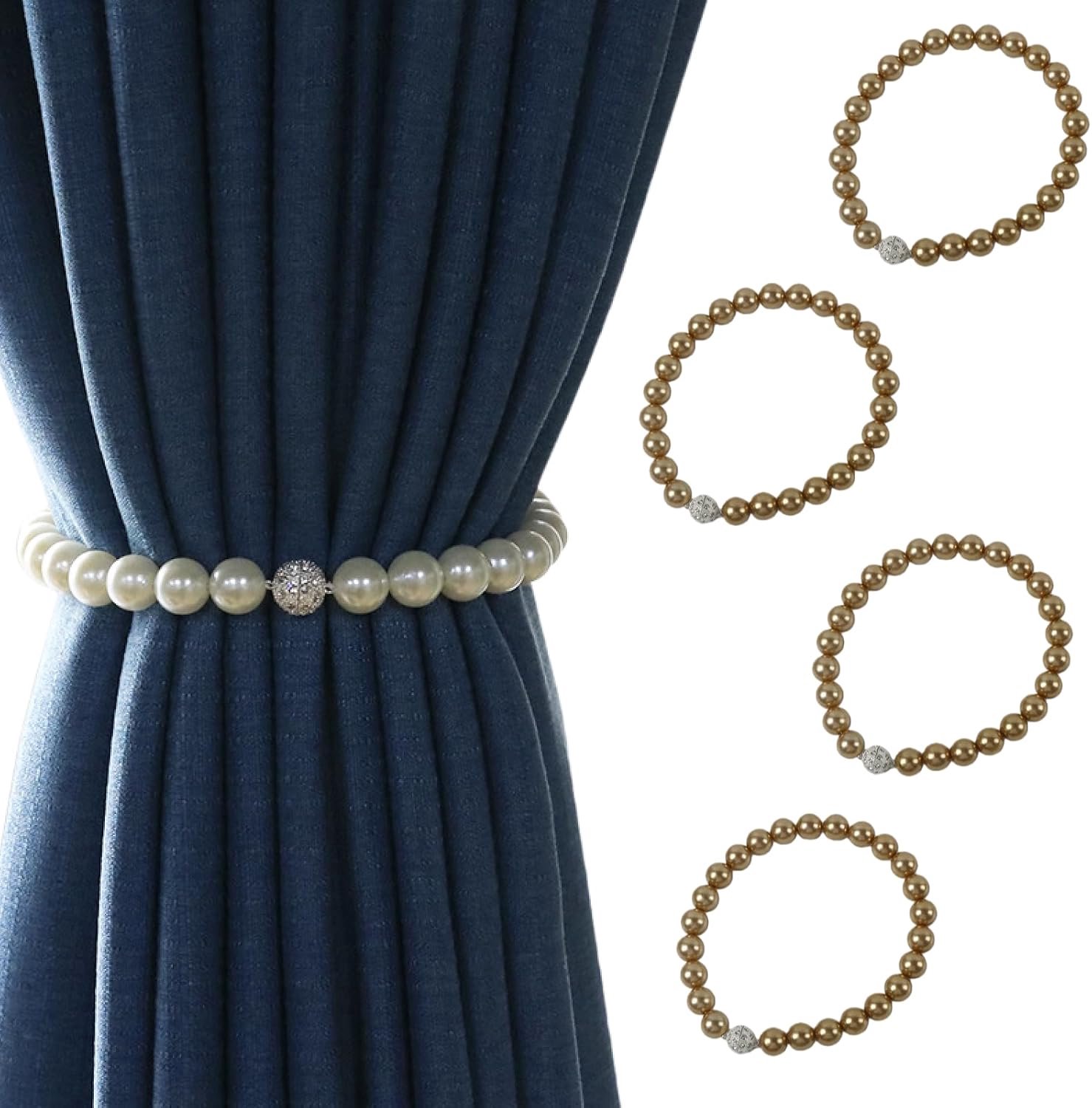 Sterke Magnetische Gordijn Tiebacks set van 4 Magnetische Gordijnbinders Met Parelketting 40cm Geen Boren Nodig Koperkleur