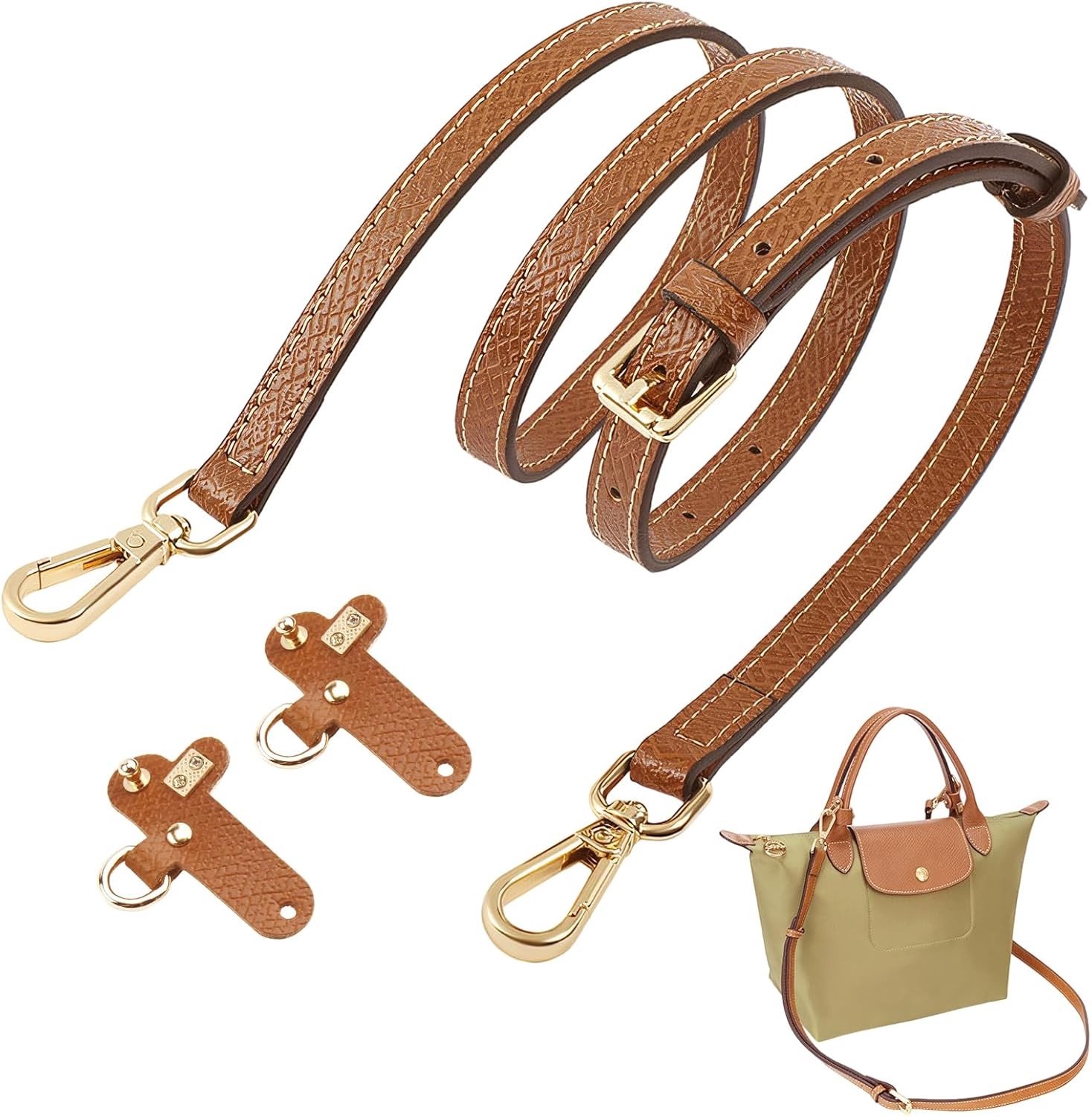 Verstelbare Schouderband voor Dameshandtassen, Vouwbare Mini Schouderriem van Leer, Robuuste en Stijlvolle Accessoire voor Lange Tassen, Bruin en Goud