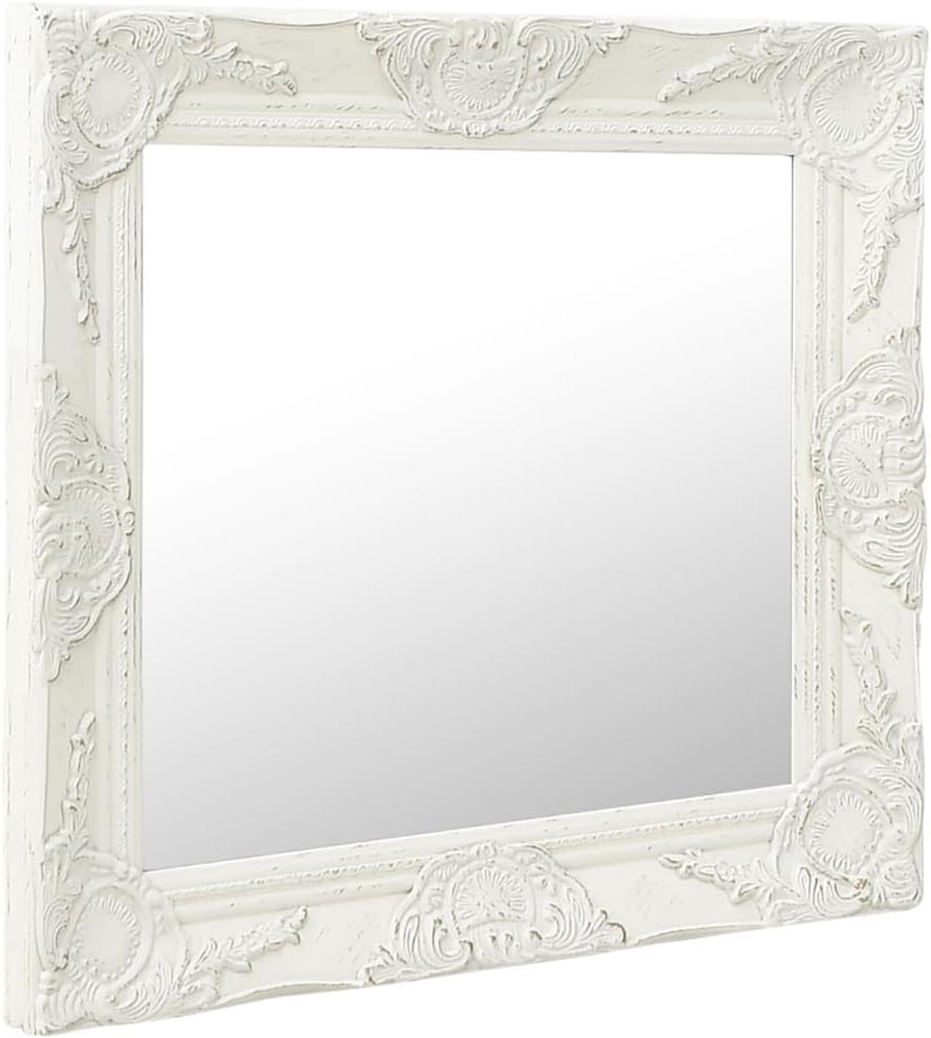 Witte wandspiegel met afgeschuinde rand en versierd barok frame van hout, 60 x 60 cm, voor kleedkamer, direct te monteren