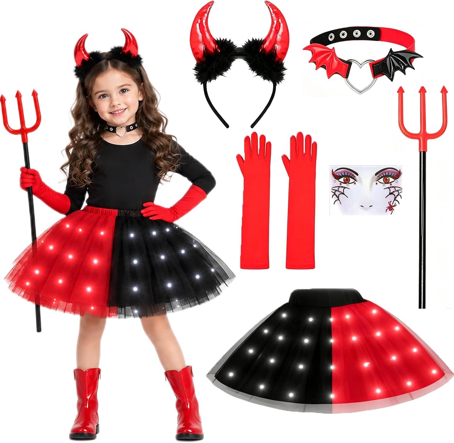 Halloweenkostuum voor meisjes, ledverlichting, rode rok