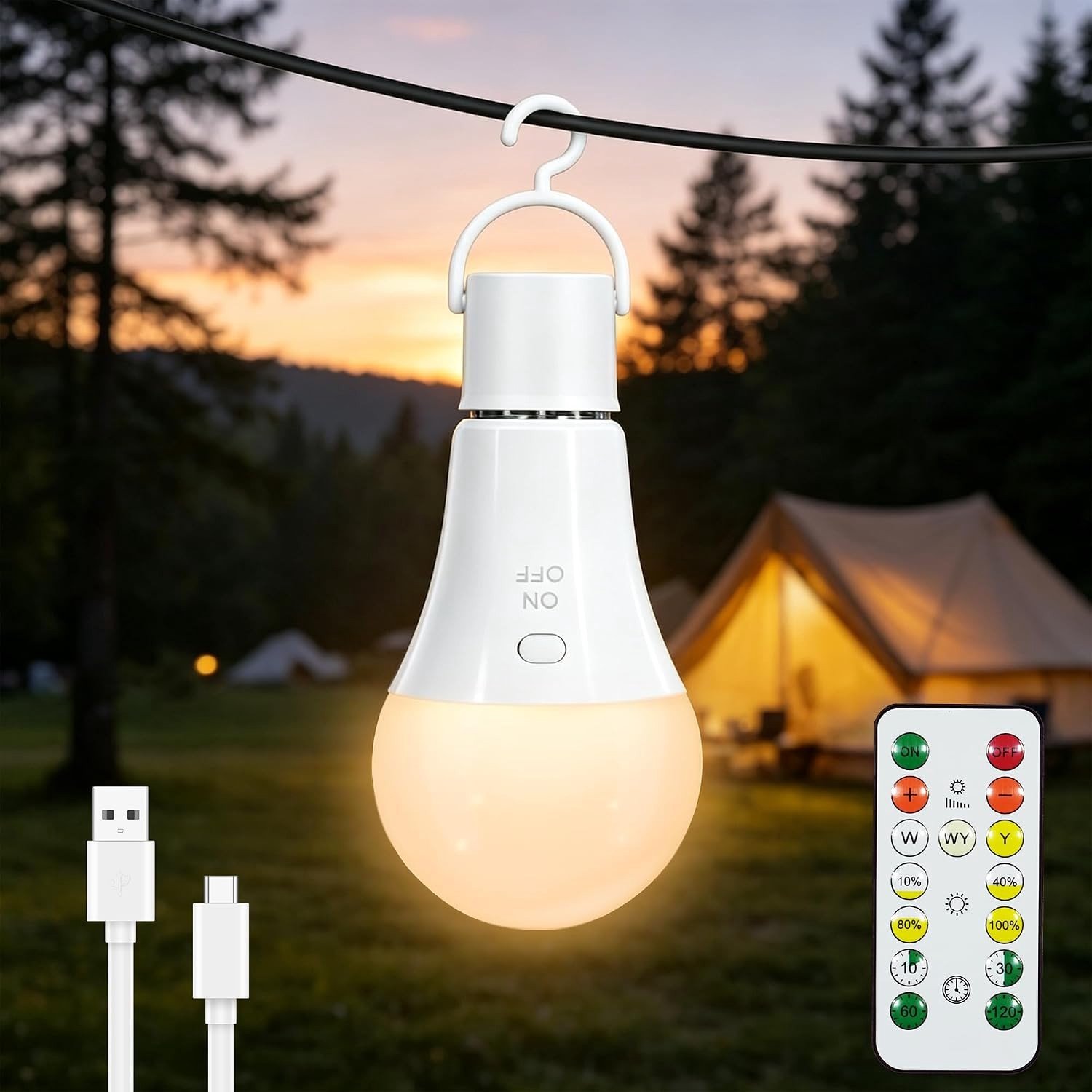 Oplaadbare E27 LED Lamp met Afstandsbediening, 7W, Dimbaar, Timerfunctie, Geschikt voor Camping en Buitengebruik, 3 Kleuren, Verpakking van 1