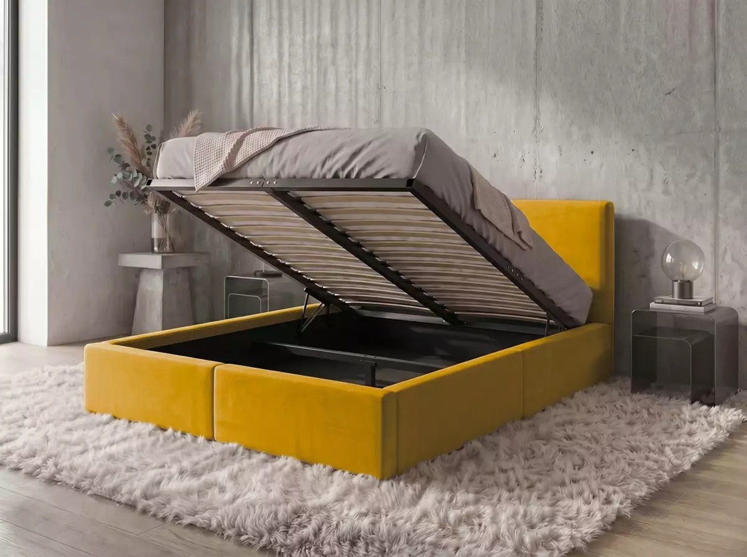 BMS HILTON 120x200 Upholstered Bedroom Bed with Mattress and Storage, Mustard Mustard #1