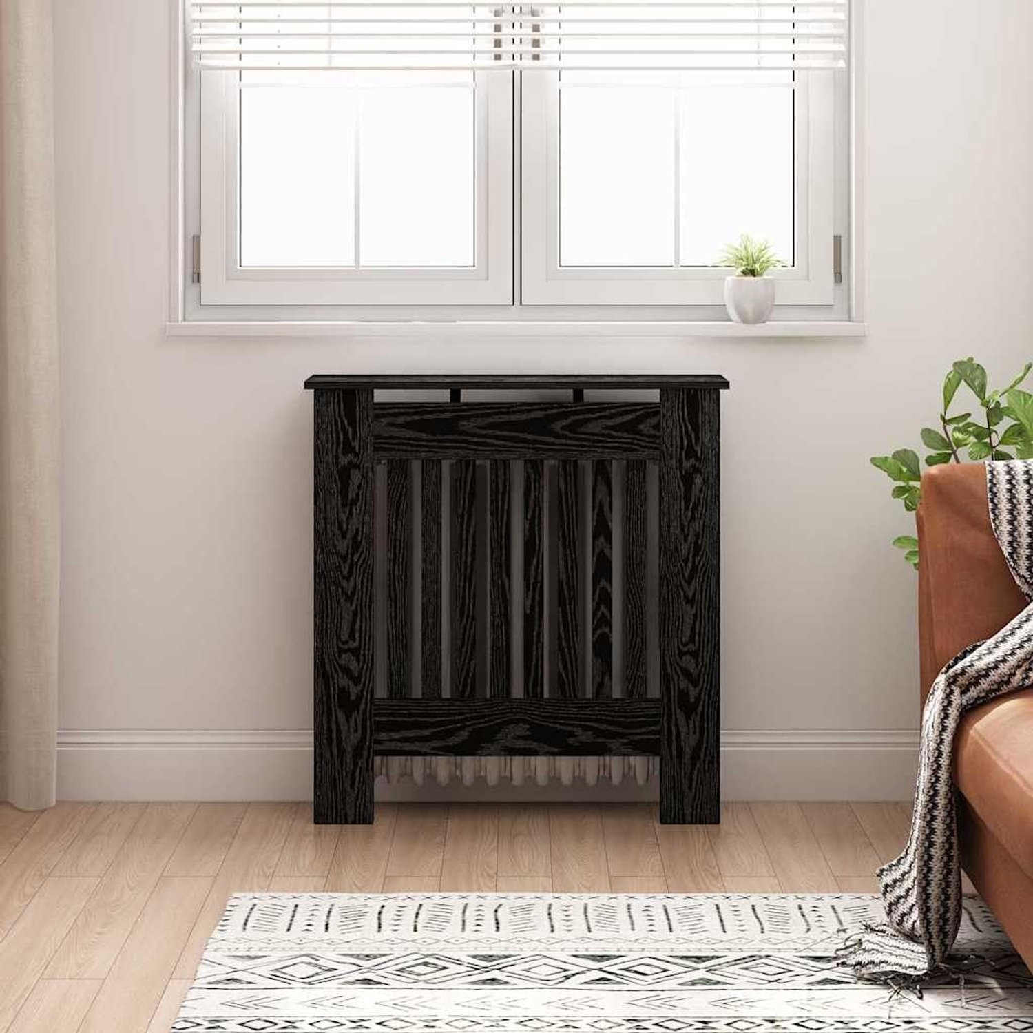 Radiatorafdekking zwart eikenlook, 78 x 19 x 81,5 cm, radiatorbekleding van houtmateriaal met plank, verticale lamellen voor gelijkmatige warmteverdeling, waterafstotend