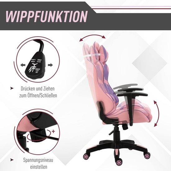 Ergonomische gamingstoel - Met massage en lendenkussen - In hoogte verstelbare kantoorstoel - Rose en paars - 69x56x125,5 cm — afbeelding 3
