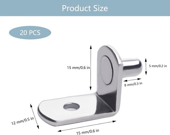 Set van 20 L-vormige Planksteunen, Insteek Plankhouders voor Meubels, Boekenkasten en Keukenkasten, Geschikt voor 5mm Plankdikte, Duurzaam Metaal in Zilver — afbeelding 5