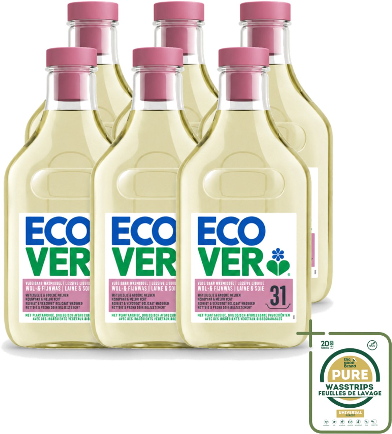 6 x Ecover - Vloeibaar Wasmiddel - Wol & Fijn Was - Waterlelie & Groene Meloen - 31 Wasbeurten - 1.43 L - Wasstrips - Wasmiddel Wol En Fijn Was - Vloeibaar Wasmiddel - Milieuvriendelijk Wasmiddel - Fijn Was - Delicate Stoffen Was