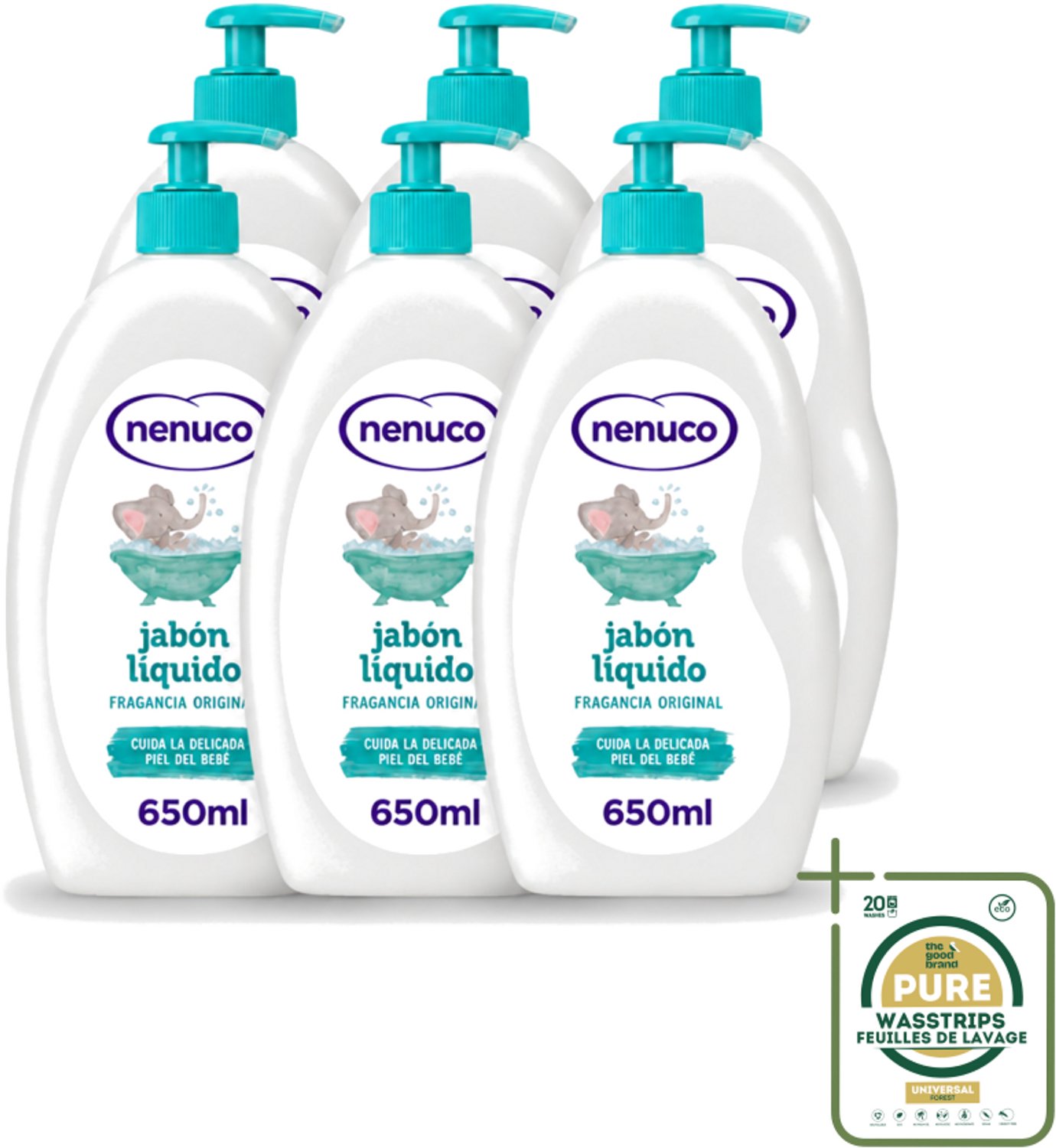 6 x Nenuco - Jabon Líquido - Vloeibare Zeep - Originele Geur - Met Doseerpomp - 650 ml - Wasstrips - Vloeibare Zeep - Handzeep - Douchegel - Badzeep - Baby Zeep