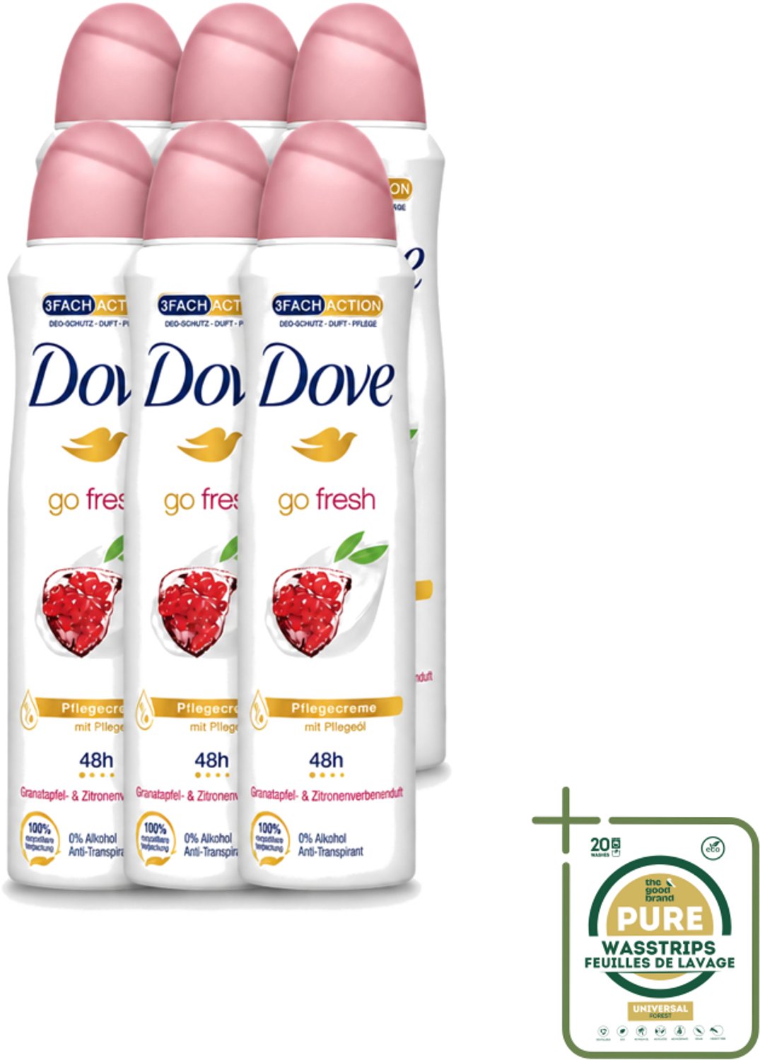 6 x Dove - Deodorant - Go Fresh Granaatappel - Frisse en fruitige geur - 150 ml - Wasstrips - Dove Go Fresh - Deodorant Spray - Anti-transpirant - Frisheid - Fruitige Geur